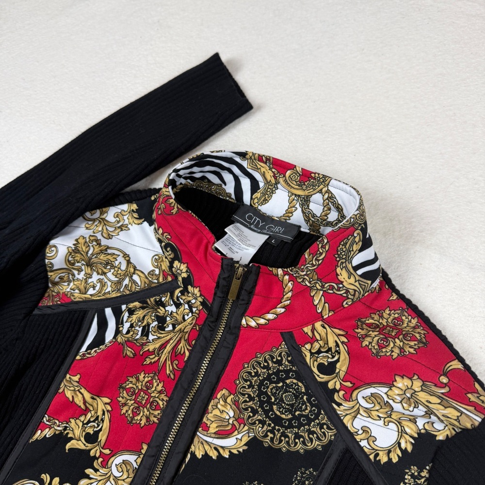 City Girl Nancy Bolen Baroque Zebra Print Zip Up Ribbed‎ Cardigan Sweater Large
